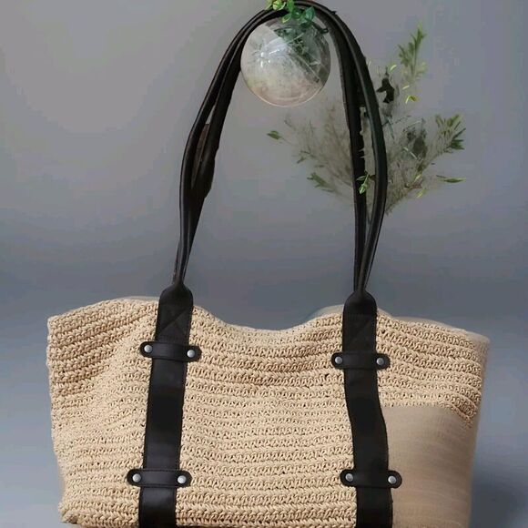 Eddie Bauer Women's‎ Beach Paper Straw Purse Tote Natural & Dark BROWN - F6 - Picture 1 of 7